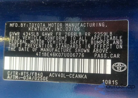 2007 Toyota Camry Le из США, поврежденный, VIN 4T1BE46K07U006776